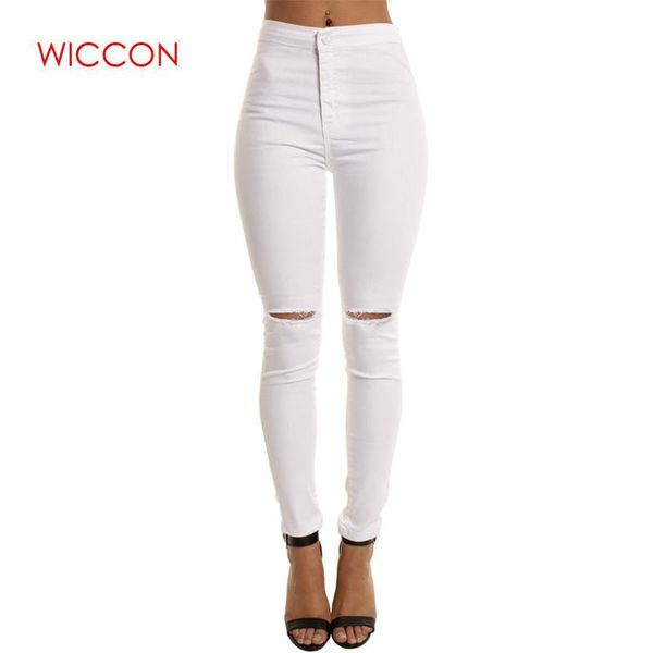 

women's jeans high waist casual skinny girls slim knee ripped denim hole pencil pants elasticity black blue trousers women