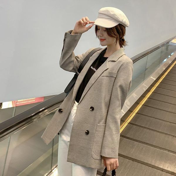 

spring retro double breasted plaid women blazers and jackets 2021 autumn loose casual suit ladies black blazer long femme women's suits, White;black