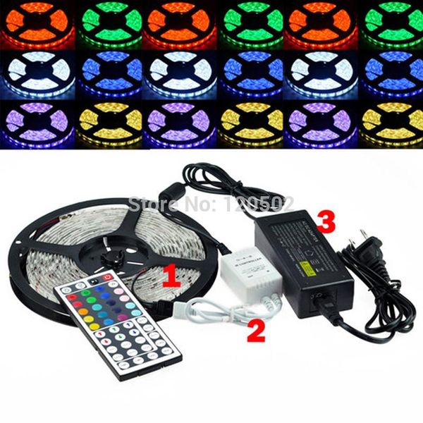 

rgb led strip smd 60led/m waterproof + 44key ir remote controller 12v 5a power supply adapter strips