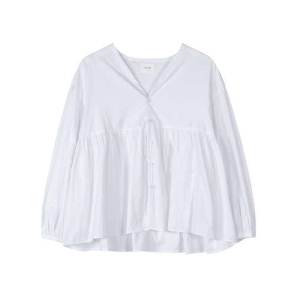 

women beige white v-neck lantern sleeve long loose solid pleated blouse shirt spring summer b0498 210514