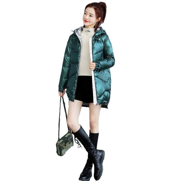 

down cotton coat women winter fashion korean mid-length shiny hooded green outerwear loose thicken jacket female lr1343 210531, Black