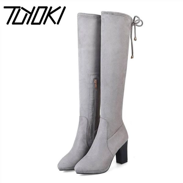 

boots tuyoki women thigh high casual zipper lace up winter shoes pointed toe keep warm square heels size 31-43, Black