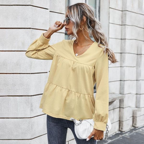 

spring autumn 2021 v-neck solid woman tshirts casual folds long sleeve shirt women mujer loose waist teeshirts women's t-shirt, White