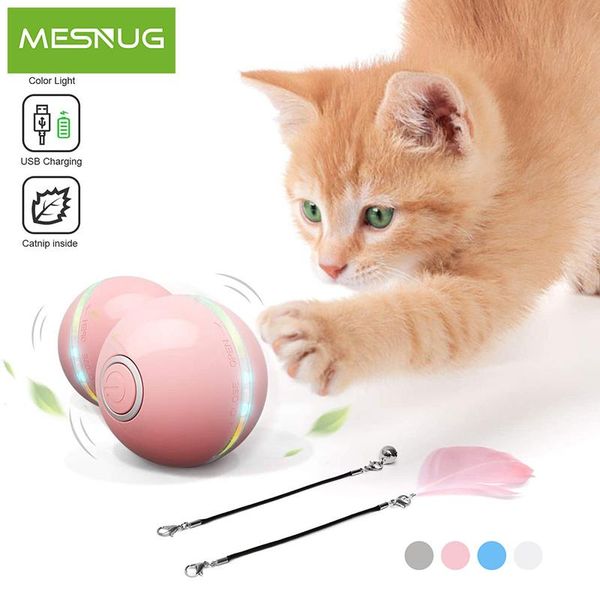 

cat toys mesnug electric 360 degree rolling ball for cats built-in color light bell feather interactive kitten play usb charging