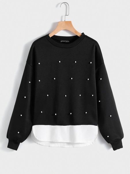 

pearl beaded high low drop shoulder pullover t1gm#, White;black