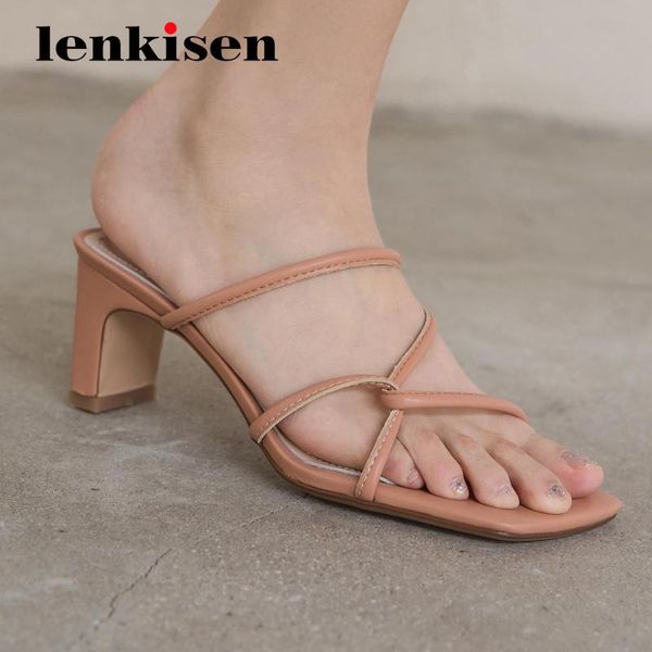 

lenkisen korean girls narrow band fashion big square toe high strange heel women shoes young gorgeous summer sandals l43, Black