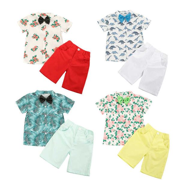 Focusnorm 2-7y verão cavalheiro infantil bebê meninos conjuntos de flores imprimir camisas de manga curta camisas gravata curva shorts x0802