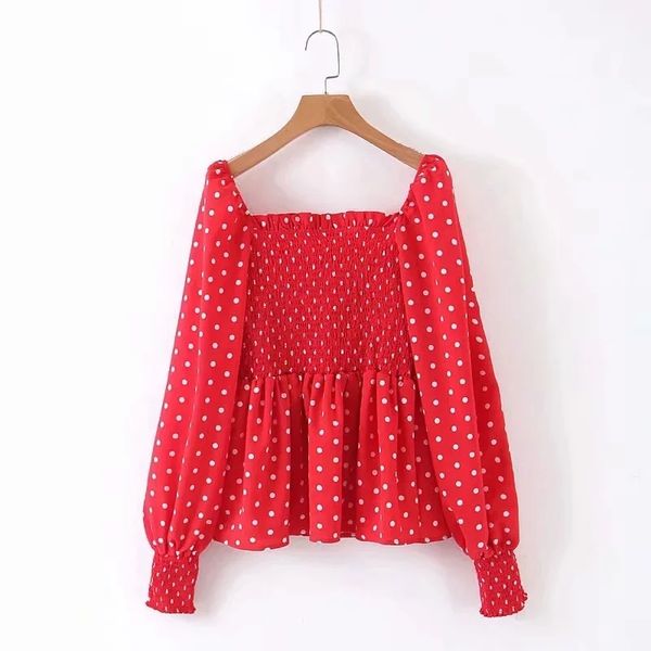 Polka Dot Druck Square Kragen Frauen Hemd Herbst Freizeit Lady Langarm Bluse Rote Tops S6589 210430