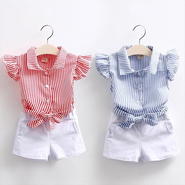 

summer 2 3 4 5 6 7 810 years teenage young kids girl cotton striped fly sleeve shirt white shorts