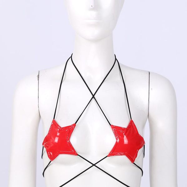 

bras womens erotic wet look patent leather lingerie halter neck strappy wrap around star shape bralette bra top, Red;black