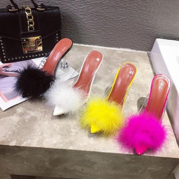 

slippers fashion 2021 women fur rubber clear high heels slip on mules shoes pointed toe colorful slides big size 35-41, Black