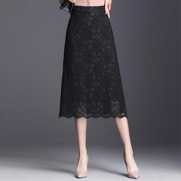 

skirts 2021 summer spring womens high waisted a line mid calf black long lace skirt , fall woman female korean style skrits