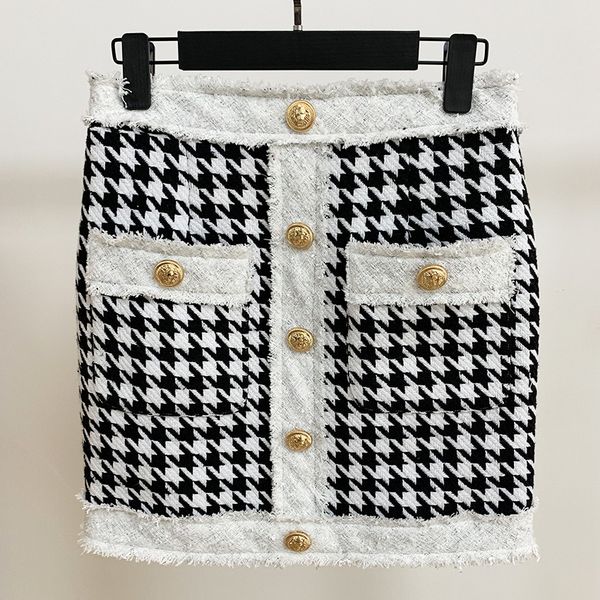 

New Arrive Top Quality Personality Style Original Design Women's Classic Houndstooth Skirt Metal Buckles Tweed Raw edge Skirts Career Skirt, Black