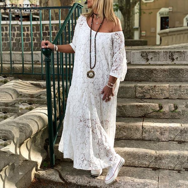 

lace crochet maxi long women dress summer o neck 3 4 sleeve party vestidos robe femme bohemian sundress casual, Black;gray