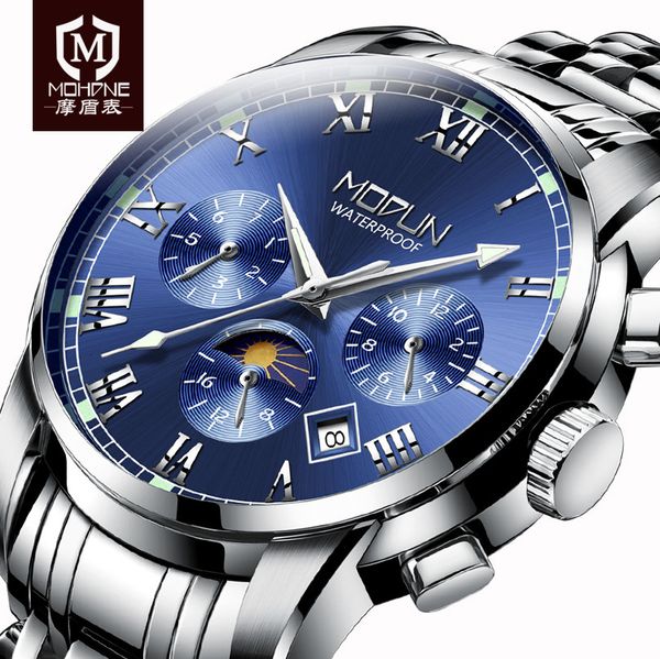 

gentlemen clocks business multifunctional clock male car date/week/moon phase/automatic mechanical relogio masculino, Slivery;brown