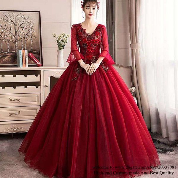 Abiti Quinceanera 2021 Vino Rosso 3/4 Manica Lunga Principessa Festa di Promenade Formale Scollo A V Appliques Organza Ball Gown Lace Up Abiti De 15 Anos Q04