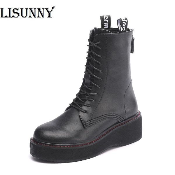 

boots genuine leather female platform 2021 lace up women shoes ankle motorcycle for, Black