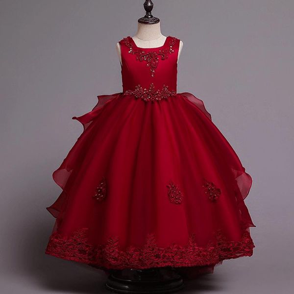 

girl's dresses flower girls dress illusion square collar sleeveless embroidery sequined beading pearls tulle lace kids party princess g, Red;yellow