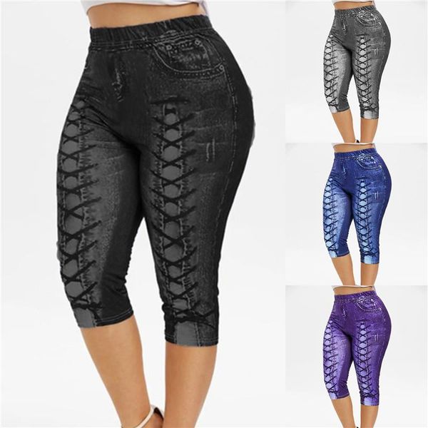 

women leggings plus size capri panel printed push up 3d elastic high waist skinny fitness trouser large women's, Black