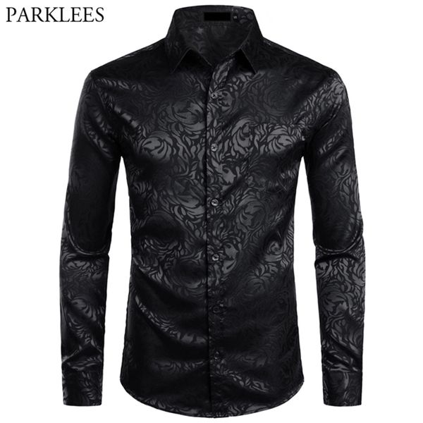 Camisas de vestido preto floral masculina elegante manga longa steampunk homens festa clube bar social Chemise masculino homme 210809