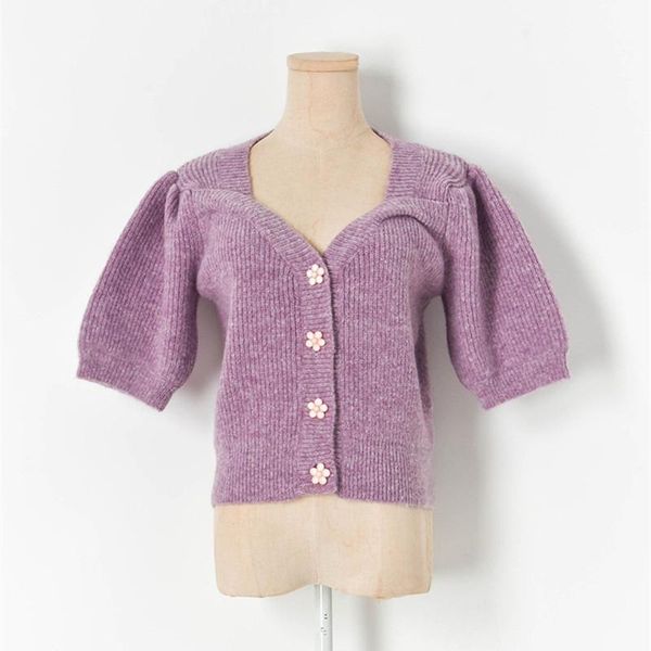 

women's knits & tees designer knitted sweater for women vintage v neck flower buttons lantern sleeve cardigan, White