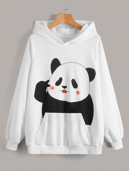 

women panda print pouch pocket hoodie v1yt#, White;black