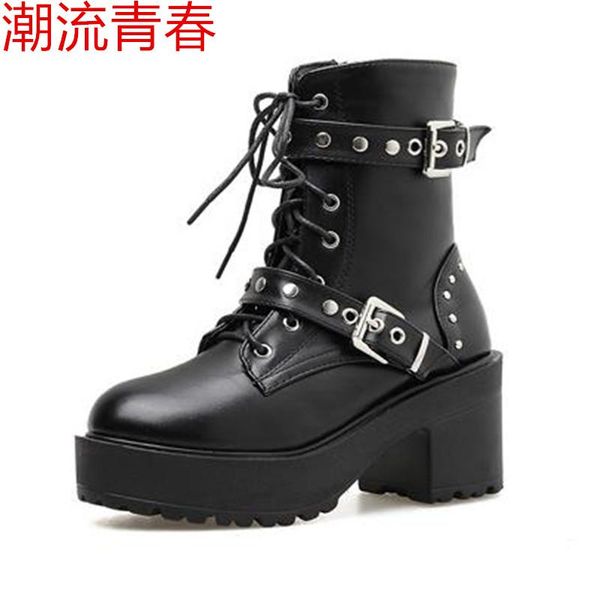 

boots women locomotive rivet buckle zipper with thick heels and soles strappy round toe rider high heel ankle, Black