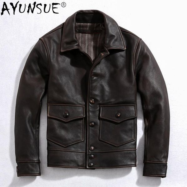 

vintage leather jacket men motorcycle genuine cow coat man spring fall coats chamarras para hombre men's & faux, Black