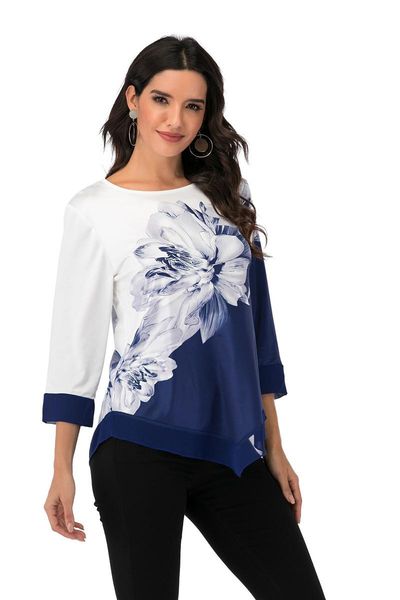 

women's t-shirt women spring autumn floral print o-neck t shirt casual hem irregular female tees plus size 5xl pullovers, White