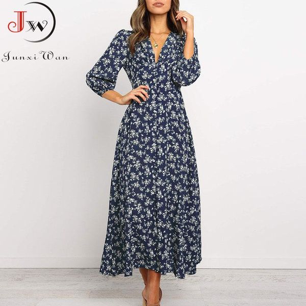

casual dresses women summer elegant floral print maxi dress 2021 boho three quarter sleeve v neck office long beach robe tunic, Black;gray