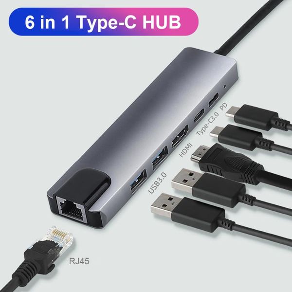 

hubs 2 usb 3.0 4k -compatible type-c rj45 6 in 1 c hub docking 100w pd charging adapter notebook phone expansion converter