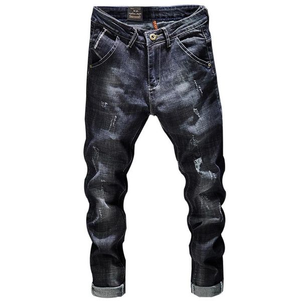 

men's jeans denim biker men deep washed vintage ripped for elastic pants loose baggy black, Blue