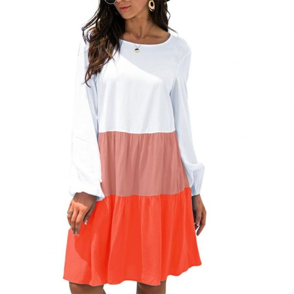 

casual dresses plus size women dress summer autumn contrast color patchwork sundress long sleeve o neck ruffles, Black;gray