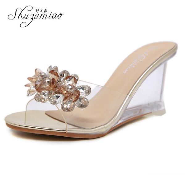

female slippers summer fashion wear room with transparent crystal heel slope rhinestone sandals shoes woman, Black
