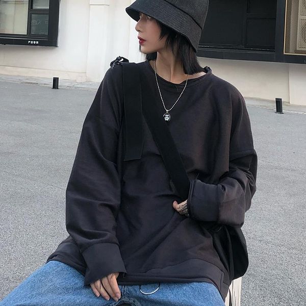 

women's t-shirt women long sleeve casual loose hip hop vintage korean style streetwear black solid harajuku drop clothes, White