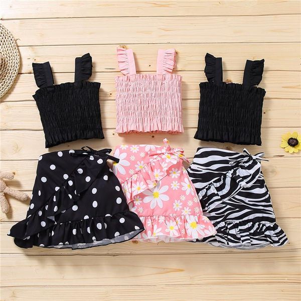 

girls summer two piece clothes ruched crop vest and floral printed ruffle skirt for children sweet vocation beach sunsuits clothing set, White