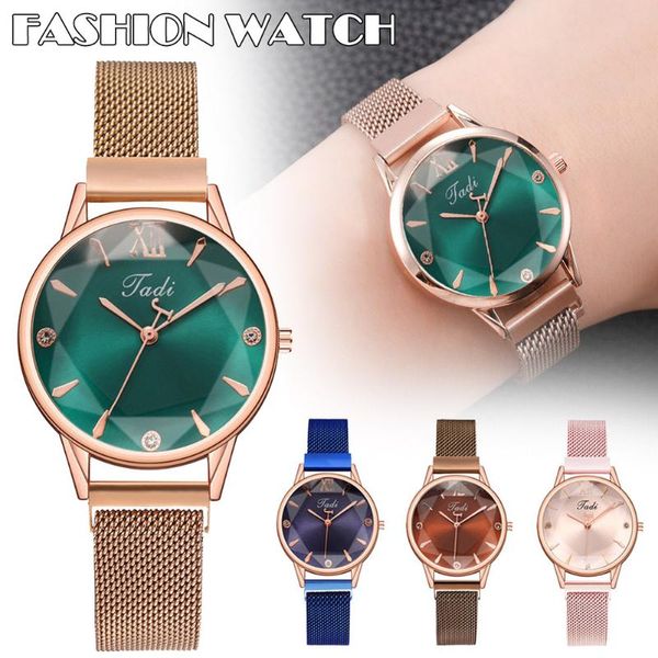 

Wristwatches Women Quartz Watch Magnetic Buckle Personality Hexagonal Mirror Lady Wrist J55, Brown