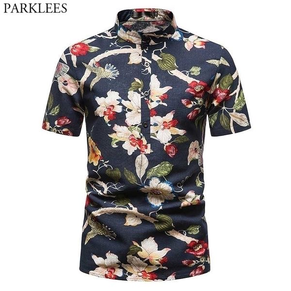 

stylish baggy cotton linen shirts men floral bird print banded collar button shirt men short sleeve summer hawaiian shirt male 210522, White;black