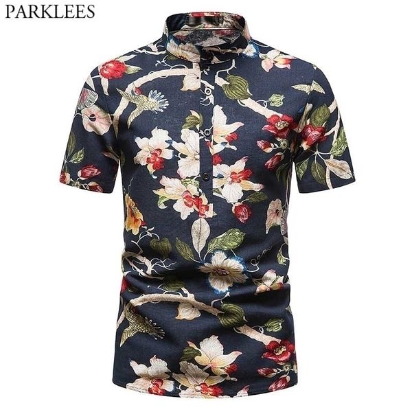 Stilvolle Baggy-Baumwollleinenhemden Männer Blumenvogeldruck Banded Collar Button Shirt Männer Kurzarm Sommer Hawaiian Shirt Männlich 210522