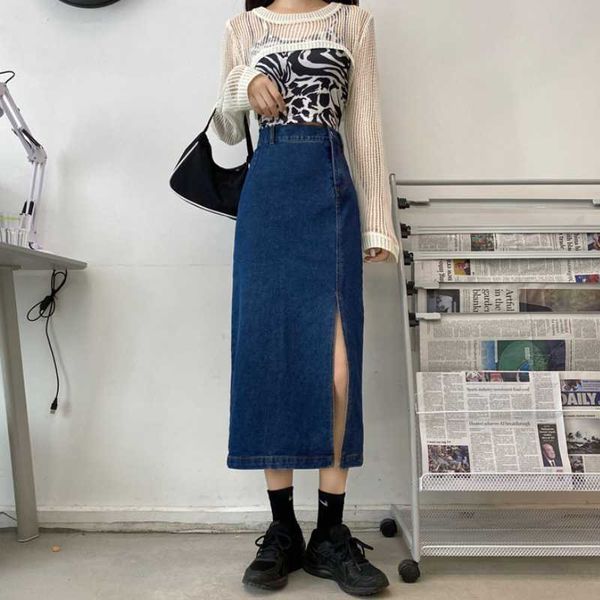 

skirts 2021 spring fashion retro high waist women's solid color slim fashionable cool female long casual denim split skirt, Black