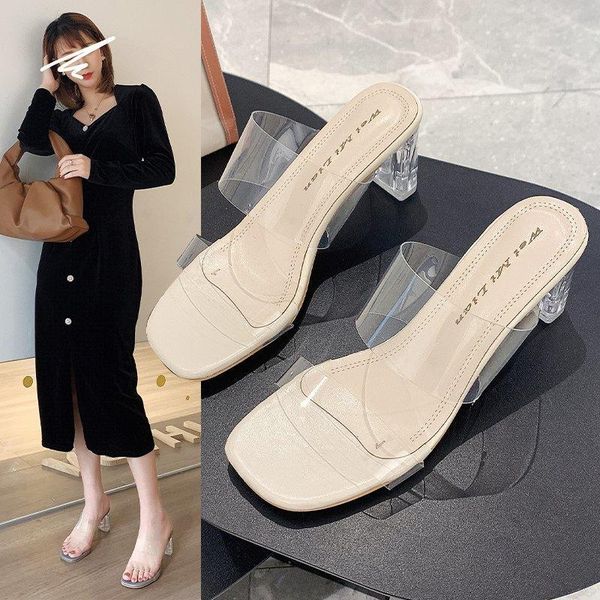 

sandals khaki women transparent strap 2021 spring summer square heel open toe high heels ladies soft comfortable beach slippers, Black