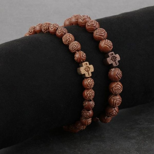 

religious rosary natural wooden beads prayer bracelets for women female rose beaded cross bracelet elastic ropes chain jewelry link,, Black