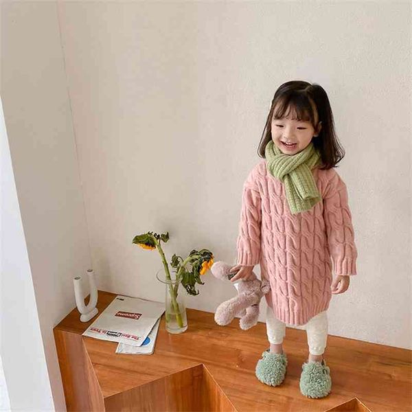 

winter cute baby girls warm knitted twisted long sweaters kids solid color casual base sweater 210708, Blue