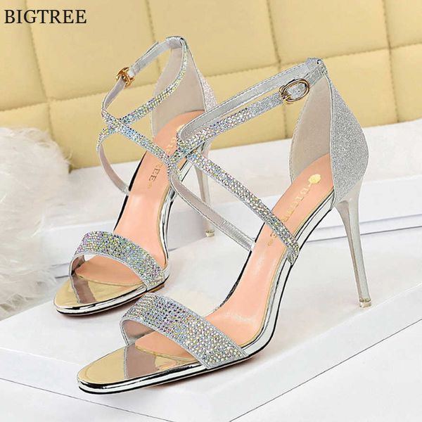 

cross-strap crystal buckle women wedding sandals 2021 new silver gold patent leather open toe high heels shoes party woman y0721, Black