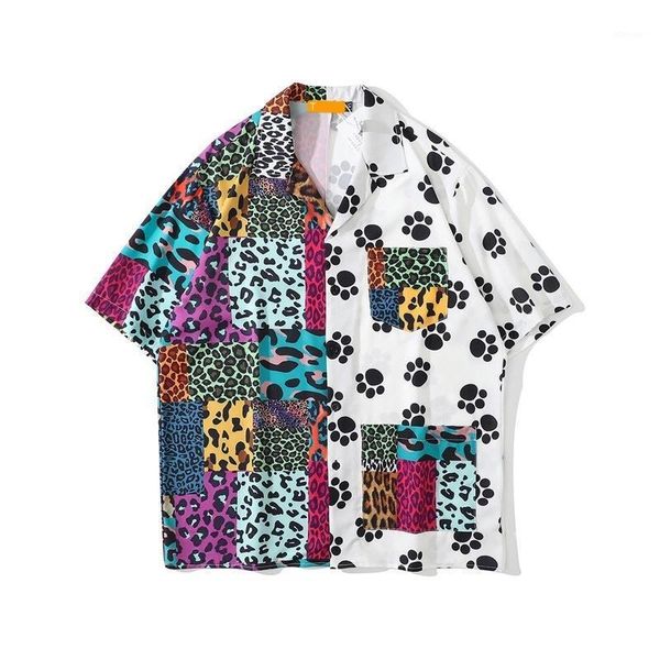 

men's casual shirts patchwork leopard pattern design sense pocket short sleeve men and women trend resort beach shirt summer, White;black