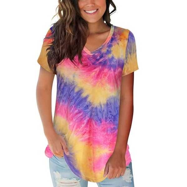 

fashion summer oversized t-shirts v-neck blouse tie-dye printed women sleeveless female casual t-shirt clothing women's, White