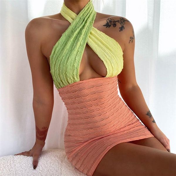 

casual dresses neck-mounted dye criss cross halter for women backless 2021 summer streetwear skinny slim party mini dress, Black;gray