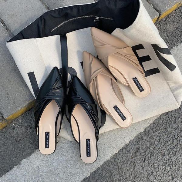 

slippers mules shoes woman pleated bowknot solid casual comfy brief low heels pointed toe slides all match femme flip flops 2021, Black