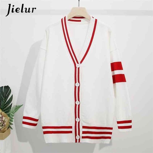 

sweater cardigan women stripe knitted autumn winter sweaters button loose slim long femme s-xl 210426, White;black
