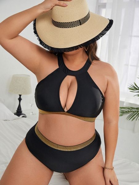 

plus contrast tape cut-out bikini swimsuit o93v#, Black